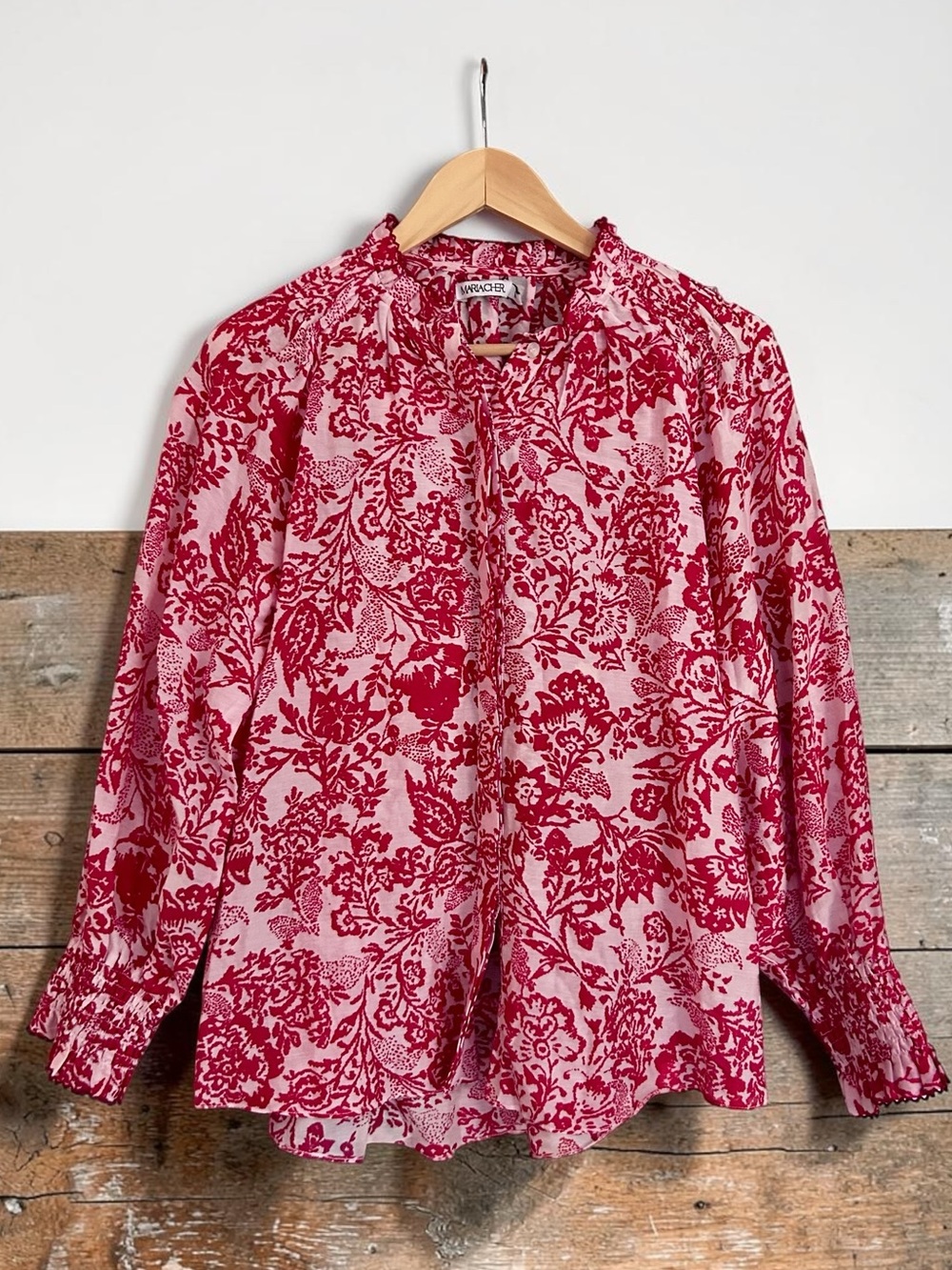 Maria Cher Pink Red Floral Cotton Silk Blouse Smocked Cuffs Sz Medium